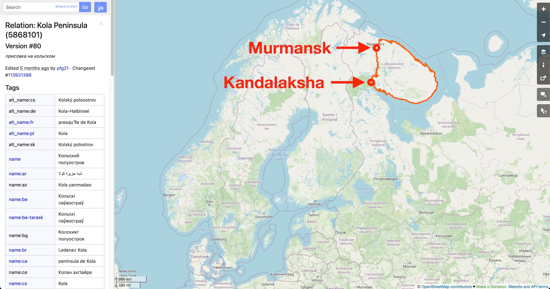 Map highlighting the Kola peninsula and the location of Kandalaksha