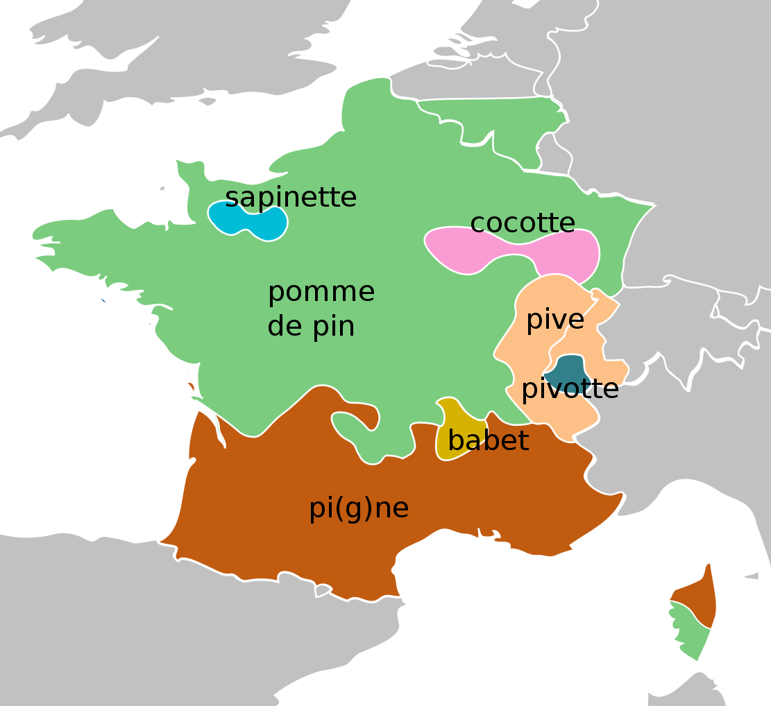Carte linguistique de la pomme de pin en francophonie européenne. En langues d'oïl c'est une pomme de pin, en occitan une pigne ou pine, et en francoprovençal une pive. C'est même parfois une pivotte, une cocotte, une sapinette ou un babet.