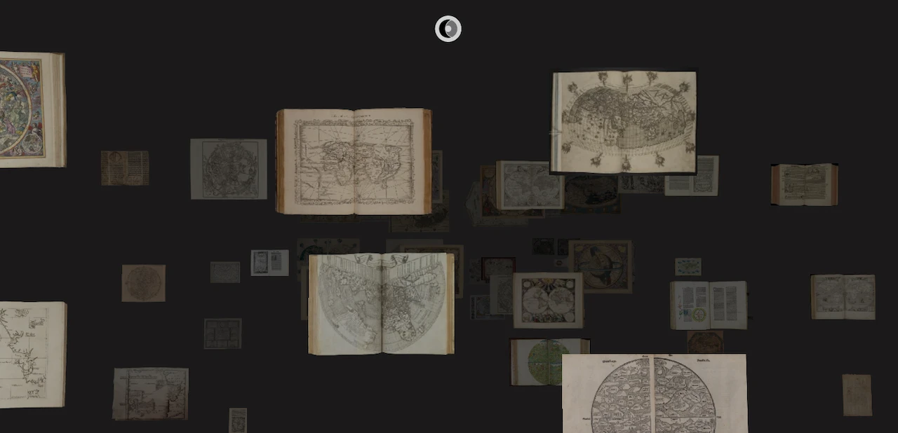 A screenshot from Oculi Mundi's Collection page. We see a number of maps and manuscripts floating on a 3d canvas